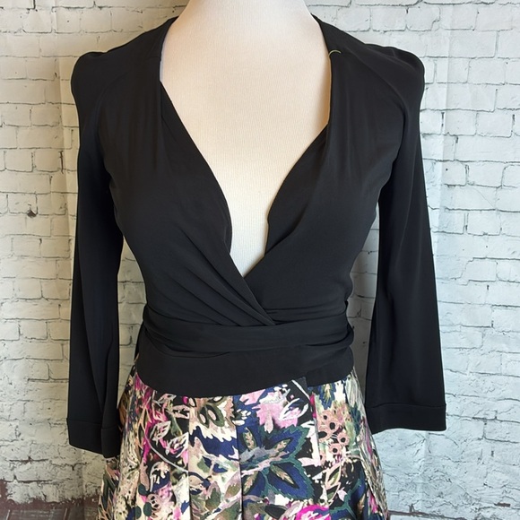 Diane Von Furstenberg Jewel Wrap Dress 2 Black Floral Pleated Silk Combo Pockets - Picture 4 of 16